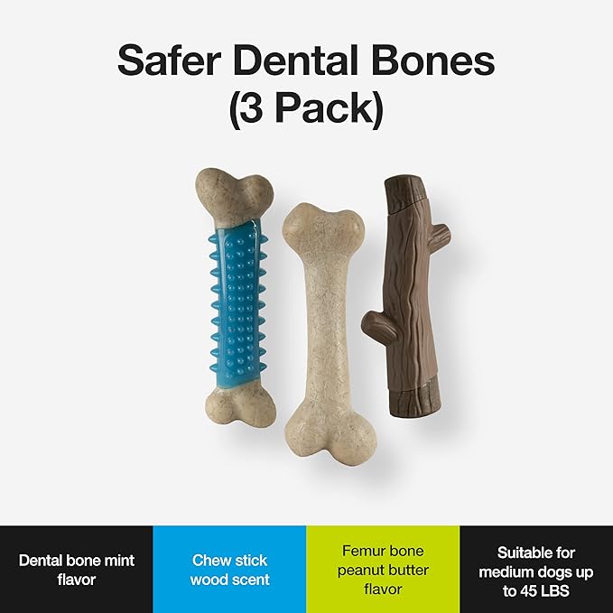 Hero Bonetics 3 Pack Dog Bundle with Treat Bone - Promotes Healthy Teeth & Gums - Mint Dental Bone, Wood Scented Stick, Peanut Butter Femur Bone - for Medium Dogs