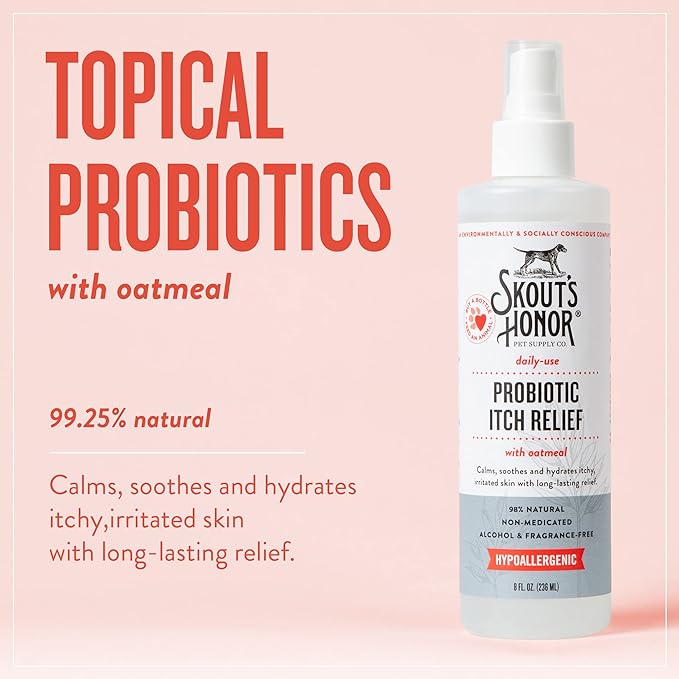 SKOUT'S HONOR Probiotic Itch Relief Spray for Pets - Non-Medicated, Fragrance-Free, Natural, Vegan, Long-Lasting Relief, with Soothing Oatmeal, 8 oz