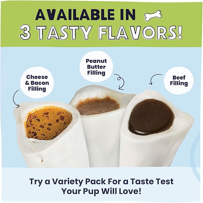 Pawstruck Large 5-6" Filled Dog Bones, Peanut Butter Flavor - Made in USA Long Lasting Stuffed Femur for Aggressive Chewers Dental Treat - Pack of 3 - Packaging May Vary