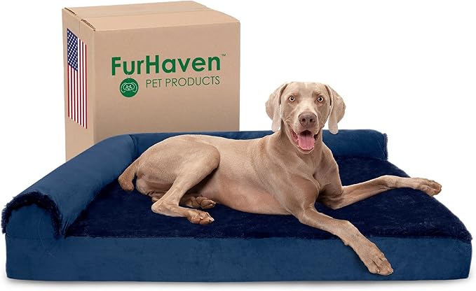Furhaven Memory Foam Dog Bed for Large Dogs w/ Removable Bolsters & Washable Cover, For Dogs Up to 125 lbs - Plush & Velvet L Shaped Chaise - Deep Sapphire, Jumbo Plus/XXL
