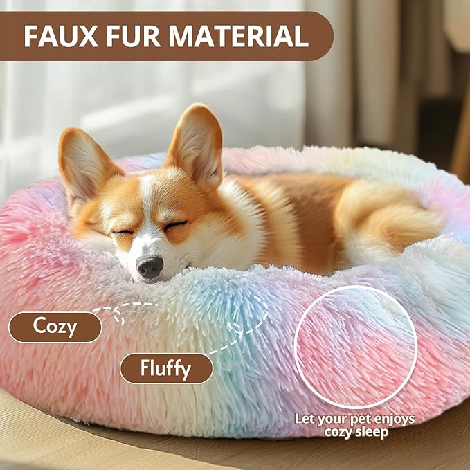 JOLLYVOGUE Dog Bed Cat Bed, Anti-Anxiety Small Dog Bed, Calming Donut Dog Bed for Puppy, Cozy Cat Bed, Fluffy Dog Beds for Small Dogs, Washable Round Puppy Bed for Indoor Pets (20"/Rainbow
