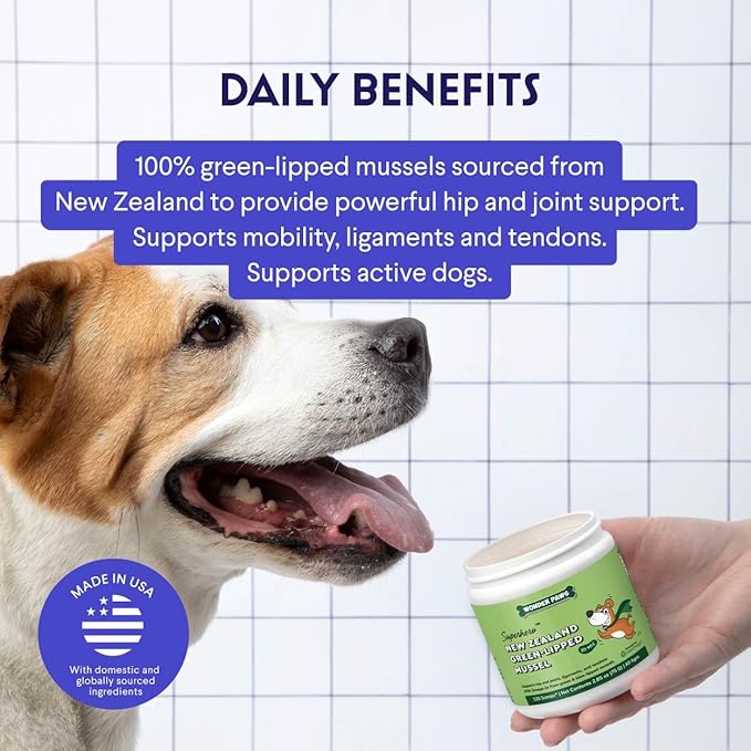 Premium Green Lipped Mussels for Dogs – Pure New Zealand Green Lipped Mussel Powder with Blue Lipped Mussels for Dogs – for Hip and Joint Flexibility, Mobility, Strength, Tendons and Muscles – 2.60oz