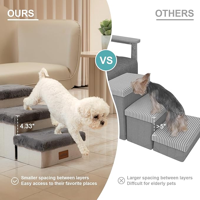 Dog Stair for Small Dogs with Storage, 13.6" H Foldable Pet Step with Soft Leakproof Cover, Older Cat Ramp for Chair Couch Sofa, Lightweight, Comfort, 24.8x13x13.6 inch, 3 Tiers, Grey