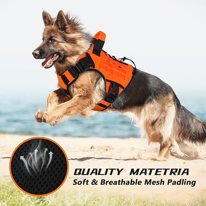 WINGOIN Orange Tactical Dog Harness Vest for Large Dogs No Pull Adjustable Reflective K9 Military Dog Service Dog Harnesses with Handle for Walking, Hiking, Training(L)