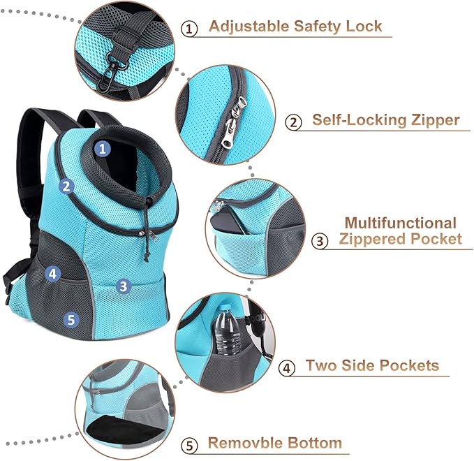 YUDODO Pet Dog Backpack Carrier Small Dog Front Carrier Pack Reflective Head Out Motorcycle Puppy Carrying Bag Backpack for Small Medium Dogs Cats Rabbits Outdoor Travel Hiking Cycling (L,Sky Blue)