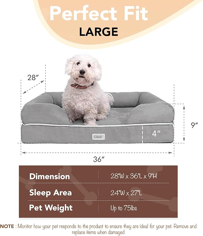 Friends Forever Large Dog Bed, Orthopedic Dog Sofa Memory Foam Mattress, Calming Dog Couch Bed, Wall Rim Pillow, Water Resistant Liner, Washable Cover, Non-Slip Bottom, Chester, Large Khaki Beige