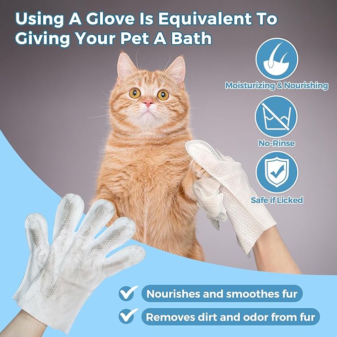 Vannon Portable Pet Bathing Wipes for Dogs & Cats, Cleaning & Odor-Controlling Extra Thick Grooming Glove Wipes for Daily Care and Traveling, Rinse Free, Nourish Fur, Individually Packaged, 5 PCS