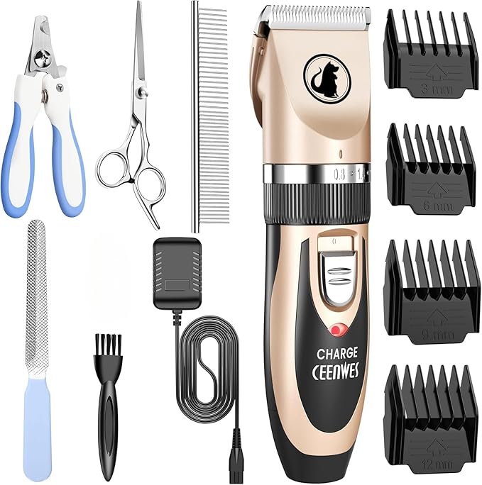 Ceenwes Dog Clippers Low Noise Pet Clippers Rechargeable Trimmer Cordless Grooming Tool Professional Dog Hair Trimmer with Comb Guides Scissors for Dogs Cats & Others(Gold)
