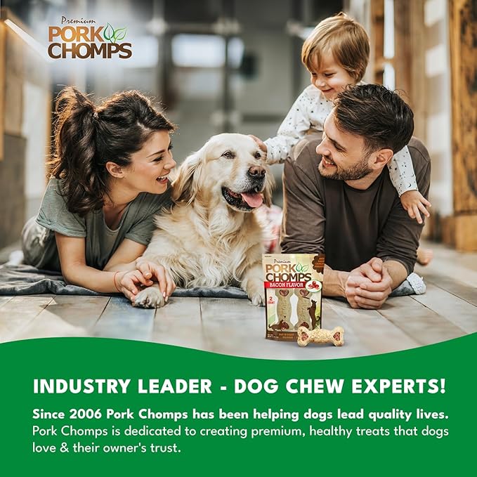 Pork Chomps Dog Chews, 4-inch Crunchy Bones, Bacon Flavor, 2 Count