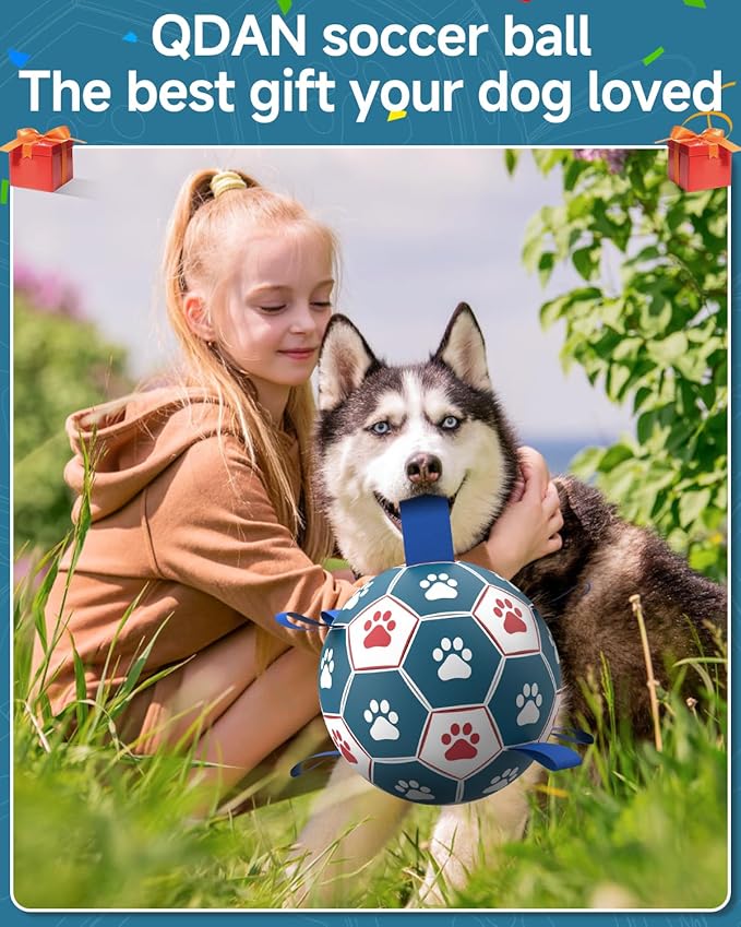 QDAN Dog Toys Soccer Ball with Straps - Durable Dog Balls for Giant Extra Large Dogs, Outdoor Dog Toys, Dog Water Toy, Herding Ball, Dog Birthday Gifts (10 Inch)