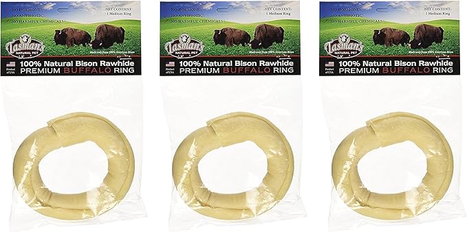 Tasman's Natural Pet All-Natural Buffalo (Bison) Collagen-Based Chews - 3 Medium Rings. Traditional Rawhide Alternative