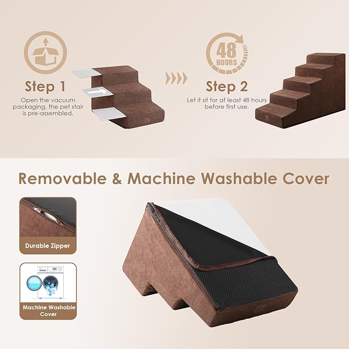 EHEYCIGA Dog Stairs for High Beds 22.5" H, 5-Step Dog Steps for Small Dogs and Cats, Slope Pet Steps with Non-Slip Bottom, Brown