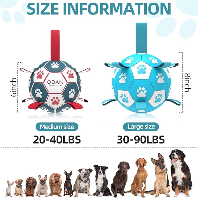 QDAN Dog Toys Soccer Ball with Straps - Durable Dog Balls for Large Dogs, Beach Pool Dog Water Toy, Dog Tug Toys for Tug of War, Puppy Dog Birthday Gifts (8 Inch)