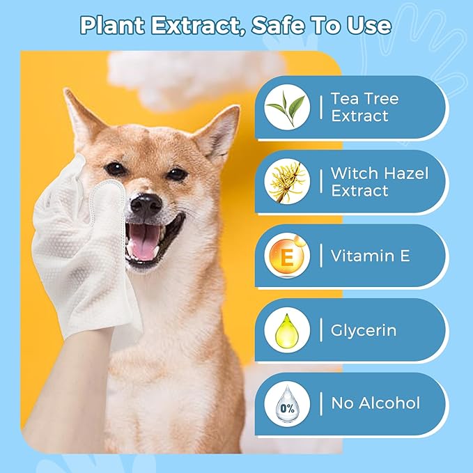 Vannon Portable Pet Bathing Wipes for Dogs & Cats, Cleaning & Odor-Controlling Extra Thick Grooming Glove Wipes for Daily Care and Traveling, Rinse Free, Nourish Fur, Individually Packaged, 5 PCS
