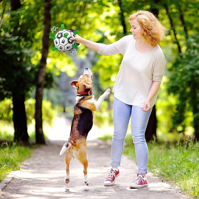 QDAN Dog Soccer Balls Toy with Bell Inside, Outdoor Interactive Dog Toys for Tug of War, Puppy Birthday Gifts, Dog Water Toy, Durable Ropes Squeaky Soccer Dog Ball for Small and Medium Dogs (6 INCH)