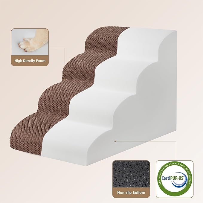 EHEYCIGA Curved Dog Stairs Ramp for High Beds 19.7" H, 4-Step Dog Steps for Small Dogs and Cats, Pet Stairs for High Bed Climbing, Non-Slip Balanced Pet Step Indoor, Brown