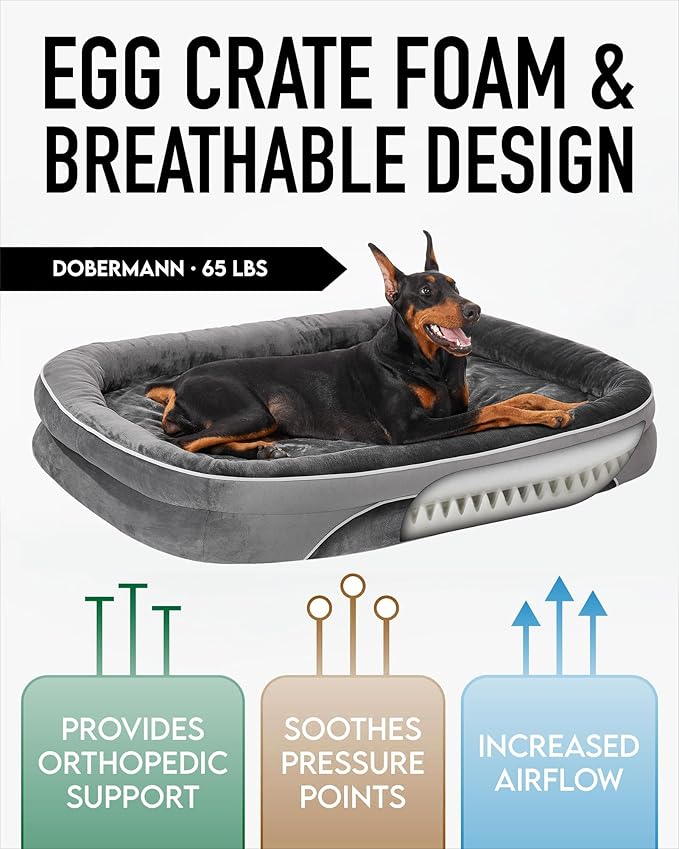 OhGeni Orthopedic Dog Bed for Jumbo Dogs, Dog Couch Design with Egg Foam Support, Removable, Washable Plush Cover and Non-Slip Bottom with Four Sided Bolster Cushion (Gray)