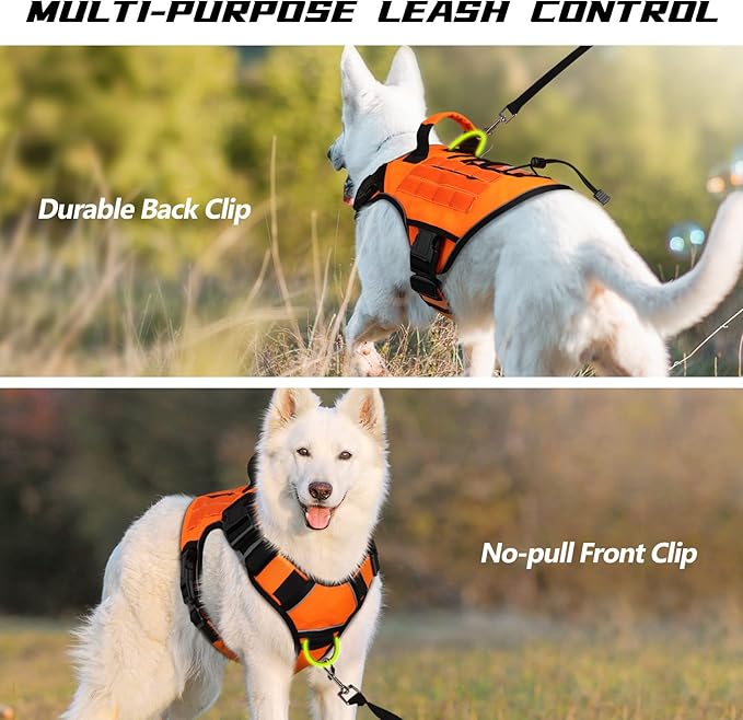 WINGOIN Orange Tactical Dog Harness Vest for Large Dogs No Pull Adjustable Reflective K9 Military Dog Service Dog Harnesses with Handle for Walking, Hiking, Training(L)
