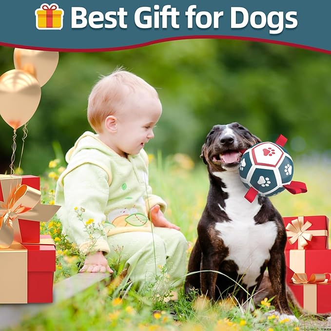 QDAN Dog Toys Soccer Ball with Straps, Outdoor Interactive Dog Toys for Tug of War, Puppy Birthday Gifts, Dog Tug Toy, Dog Water Toy, Durable Dog Balls for Small Dogs - Blue&Red(5 Inch)