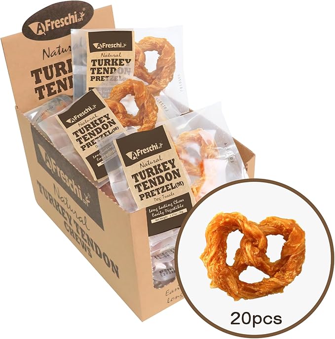 Afreschi Turkey Tendon for Dogs, Dog Treats for Signature Series, All Natural Human Grade Puppy Chew, Rawhide Alternative, 20 Units/Box Pretzel (Medium)