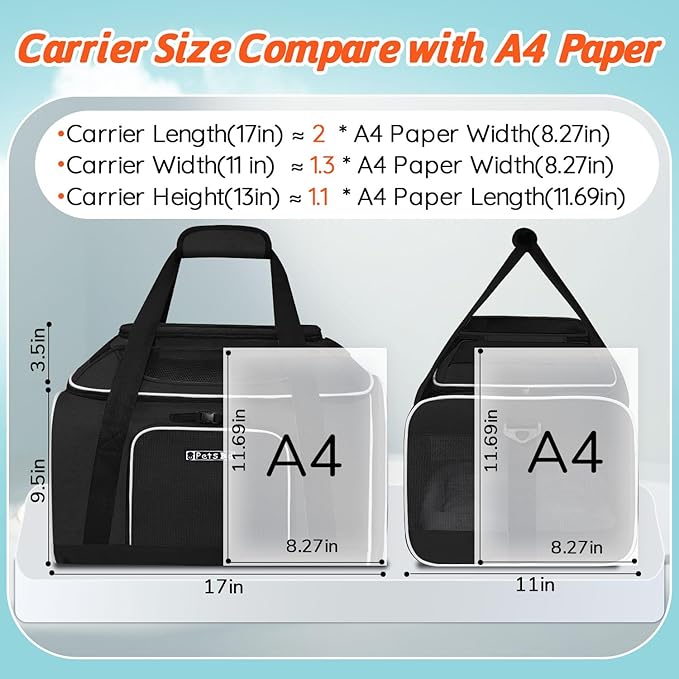 Petskd Top-Expandable Pet Carrier with Wheels 17x11x9.5 Inches Alaska Airline Approved, Soft-Sided Carrier for Small Cats Dogs with Locking Safety Zippers and Anti-Scratch Mesh(Black)