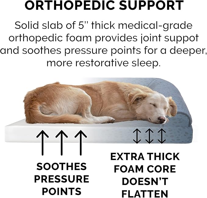 Furhaven Orthopedic Dog Bed for Large Dogs w/ Removable Bolsters & Washable Cover, For Dogs Up to 125 lbs - Plush & Almond Print L Shaped Chaise - Blue Almonds, Jumbo Plus/XXL