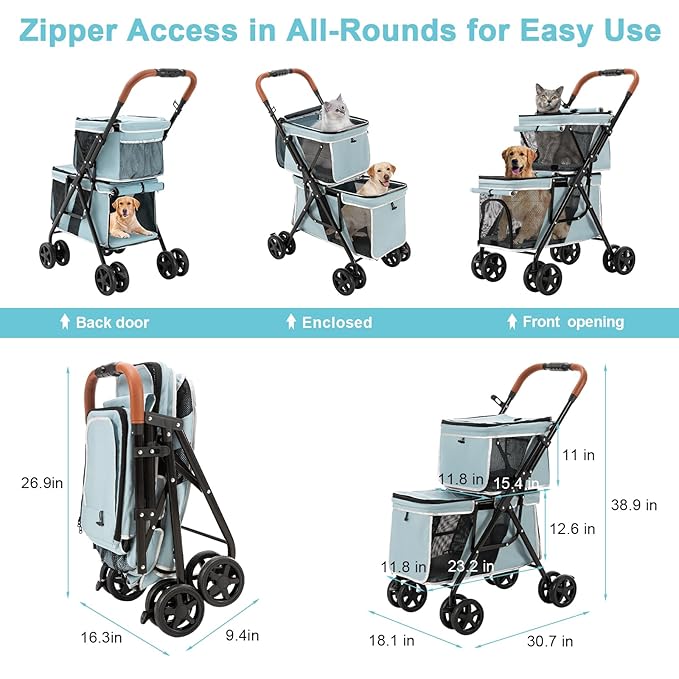 Double Pet Stroller for Dogs and Cats, One-Hand Folding Dog Stroller Travel Carriage for Small Medium Dogs Cats, 4 Wheels, Blue