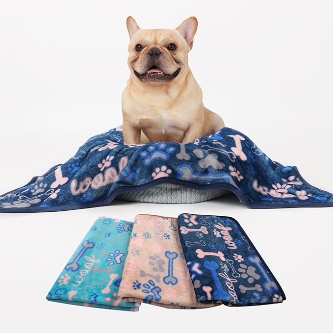 Luciphia 1 Pack 3 Blankets Fluffy Premium Fleece Pet Blanket Flannel Paw Bone Printed Throw for Dog Cat(Small 23"x16", Khaki/Blue/Navy)