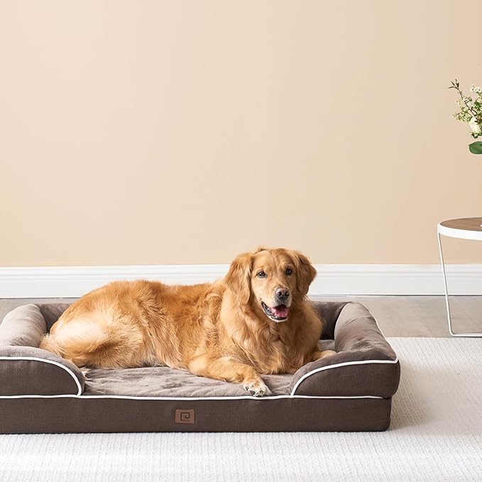 EHEYCIGA Orthopedic Dog Beds for Extra Large Dogs, Waterproof Memory Foam XXL Dog Bed with Sides, Non-Slip Bottom and Egg-Crate Foam Big Dog Couch Bed with Washable Removable Cover, Brown
