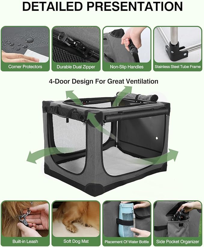 24 Inch Collapsible Travel Dog Crate for Medium Large Dogs, Portable Dog Crate 4-Door Foldable Soft Kennel with Chew-Proof Mesh Windows for Indoor & Outdoor Travel,with Storage Bag,Grey