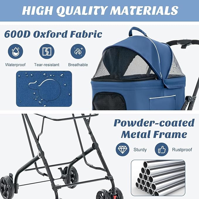 Double Dog Stroller, Foldable 3-in-1 Cat Stroller with 2 Detachable Carriers, Safety Belt, Washable Cover, Removable Pads, 4 Wheels Travel Pet Stroller for Small Medium Dogs (Blue)