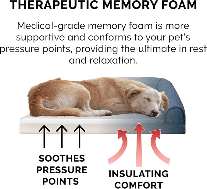 Furhaven Memory Foam Dog Bed for Large Dogs w/ Removable Bolsters & Washable Cover, For Dogs Up to 125 lbs - Plush & Almond Print L Shaped Chaise - Blue Almonds, Jumbo Plus/XXL