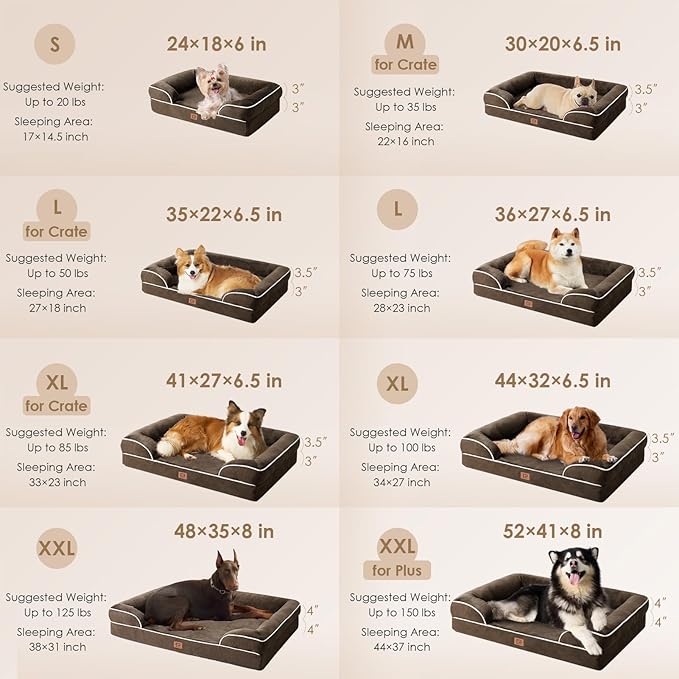 EHEYCIGA Orthopedic Dog Beds for Extra Large Dogs, Waterproof Memory Foam XXL Dog Bed with Sides, Non-Slip Bottom and Egg-Crate Foam Big Dog Couch Bed with Washable Removable Cover, Brown