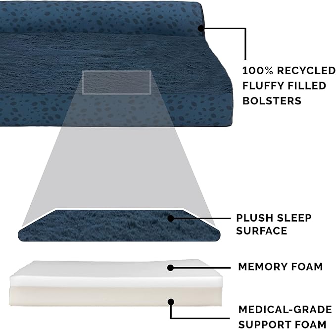 Furhaven Memory Foam Dog Bed for Large Dogs w/ Removable Bolsters & Washable Cover, For Dogs Up to 125 lbs - Plush & Almond Print L Shaped Chaise - Blue Almonds, Jumbo Plus/XXL