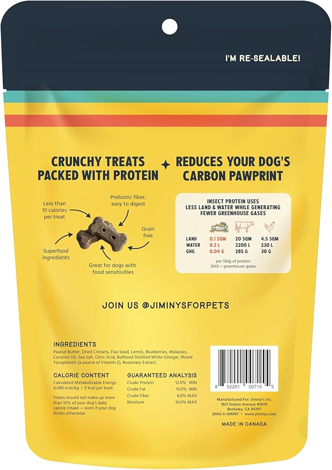 Jiminy's Original Cricket Cookie Dog Treat, 5oz, Peanut Butter & Blueberry (Pack of 3)