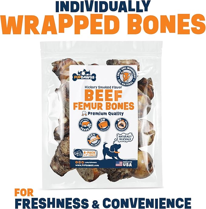 Single Ingredient Dog Bones - Made in USA - Beef Femur Bones - Natural Dog Bones for Aggressive Chewers - from USDA Inspected Beef - Hickory Smoked - Individually Wrapped (8 Piece Pack)