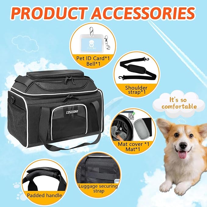 Petskd Top-Expandable Pet Carrier 17x12x8.5 Inches JetBlue Frontier Spirit Airline Approved, Soft-Sided Carrier for Small Cats and Dogs with Locking Safety Zippers and Anti-Scratch Mesh(Black)