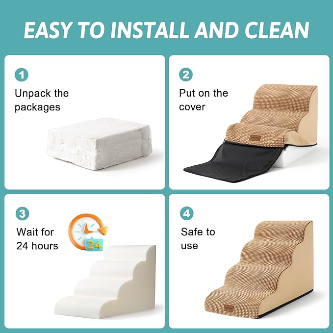 Dog Stairs for Small Dogs, Curved Pet Step with Leakproof Cover, High Density Foam Cat Ramp for Bed or Sofa, Lightweight, Durable, Comfort, 15.7x22.4x15.7 inch, 3 Tiers, Light Brown