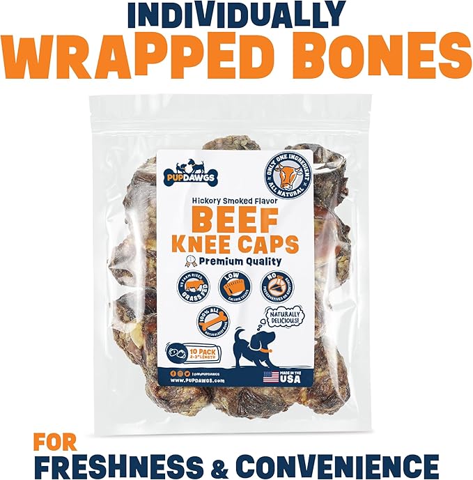 Single Ingredient Dog Bone Made in USA - Beef Knee Caps - 100% Natural Dog Bones for Aggressive Chewers - from USDA Inspected Beef - Hickory Smoked - Individually Wrapped (10 Piece Pack)