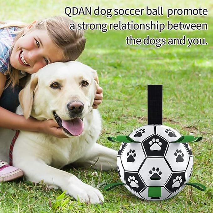 QDAN Dog Soccer Balls Toy with Bell Inside, Outdoor Interactive Dog Toys for Tug of War, Puppy Birthday Gifts, Dog Water Toy, Durable Ropes Squeaky Soccer Dog Ball for Small and Medium Dogs (6 INCH)