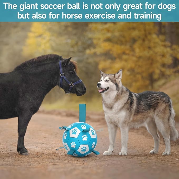 Dog Toys Soccer Ball with Straps - Durable Dog Balls for Extra Large Dogs, Dog Tug Toys for Tug of War, Beach Pool Dog Water Toy, Puppy Dog Birthday Gifts, Herding Balls for Dog, Blue White (9 Inch)
