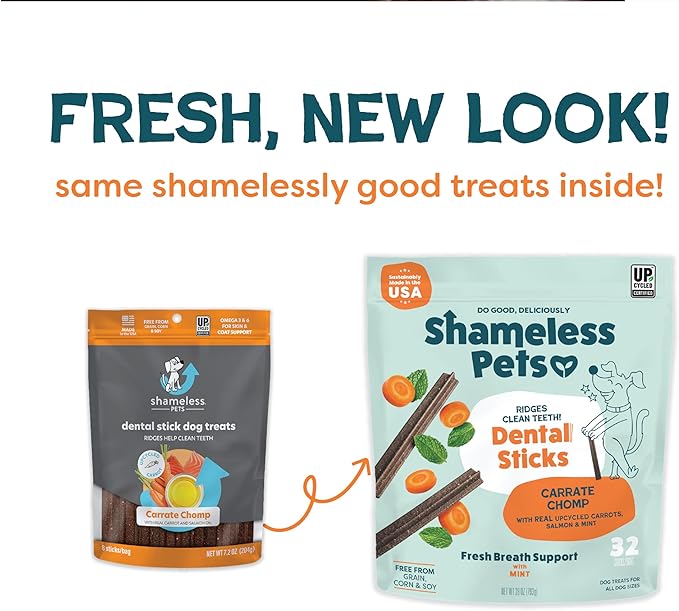 Shameless Pets Dental Treats for Dogs, Carrate Chomp (32 Sticks) - Dental Sticks with Skin & Coat Support for Teeth Cleaning & Fresh Breath - Dog Bones Dental Chews Free from Grain, Corn & Soy