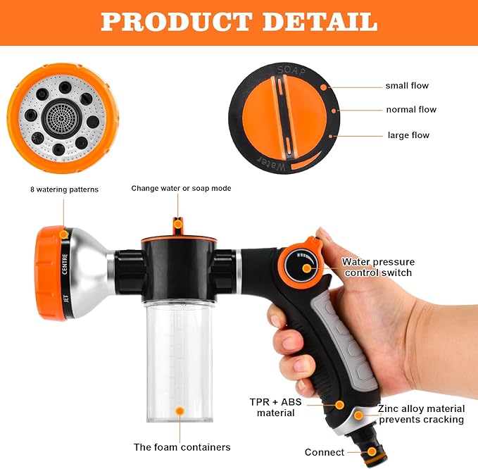 Upgrade Dog Washing Hose Attachment with Soap Dispenser, Dog Bath Hose Attachment with Pet Bath Brush Car Wash Mitt and Dog Comb for Watering Plants, Lawn, Showering Pet(Orange)
