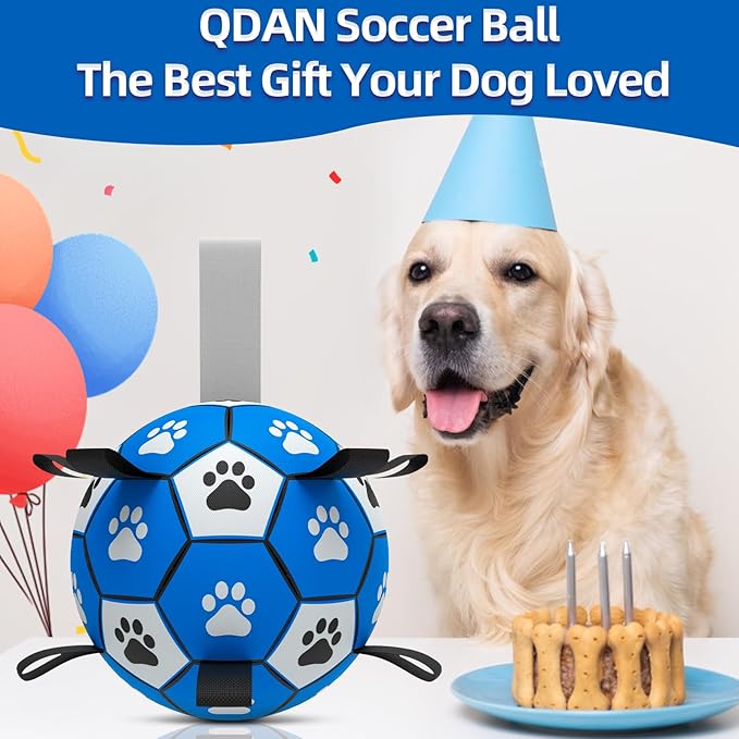 QDAN Dog Ropes Toys Soccer Ball with Straps, Interactive Dog Toys for Tug of War, Puppy Birthday Gifts, Dog Tug Toy, Dog Water Toy, Durable Dog Balls for Medium & Large Dogs-Blue&Grey(8 Inch)