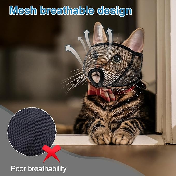 Cat Muzzle for Grooming Nail Trimming with Soft Mesh Covered, Prevent Biting Chewing(M,Black)