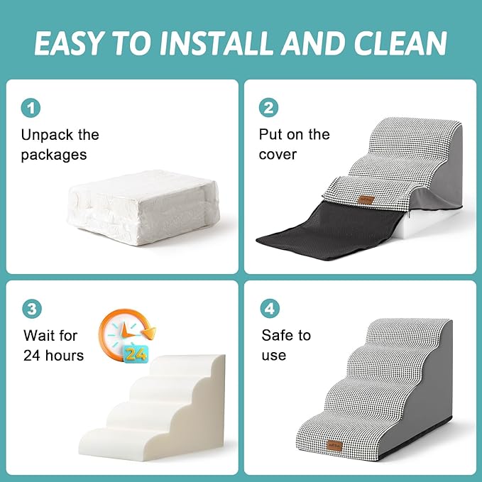 Dog Stairs for Small Dogs 19.7" H, Pet Step with Leakproof Cover, High Density Foam Cat Ramp for Bed, Couch or Sofa, Lightweight, Durable, Comfort, 15.7x28.3x19.7 inch, 4 Tiers, White Black