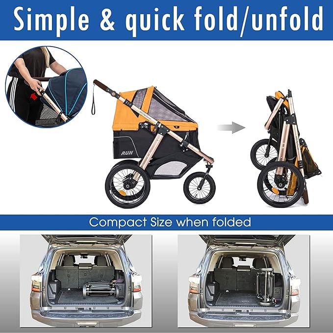 HPZ Pet Rover Run Performance Jogging Sports Stroller with Comfort Rubber Wheels/Zipper-Less Entry/1-Hand Quick Fold/Aluminum Frame for Small/Medium Dogs, Cats and Pets (Speed Yellow)
