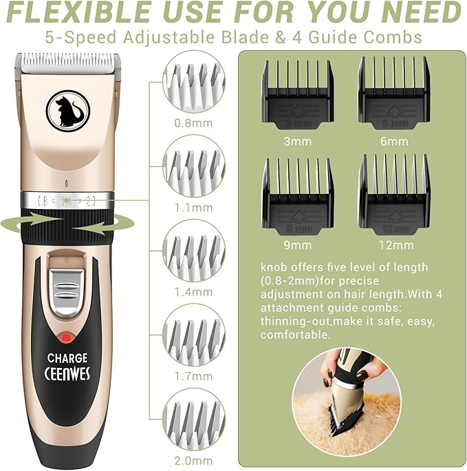 Ceenwes Dog Clippers Low Noise Pet Clippers Rechargeable Trimmer Cordless Grooming Tool Professional Dog Hair Trimmer with Comb Guides Scissors for Dogs Cats & Others(Gold)