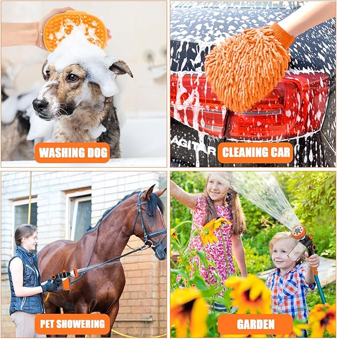 Upgrade Dog Washing Hose Attachment with Soap Dispenser, Dog Bath Hose Attachment with Pet Bath Brush Car Wash Mitt and Dog Comb for Watering Plants, Lawn, Showering Pet(Orange)