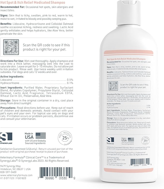 Veterinary Formula Clinical Care Hot Spot & Itch Relief Medicated Shampoo for Dogs and Cats 16oz – Helps Alleviate Sensitive Skin, Scratching, and Licking of Coat